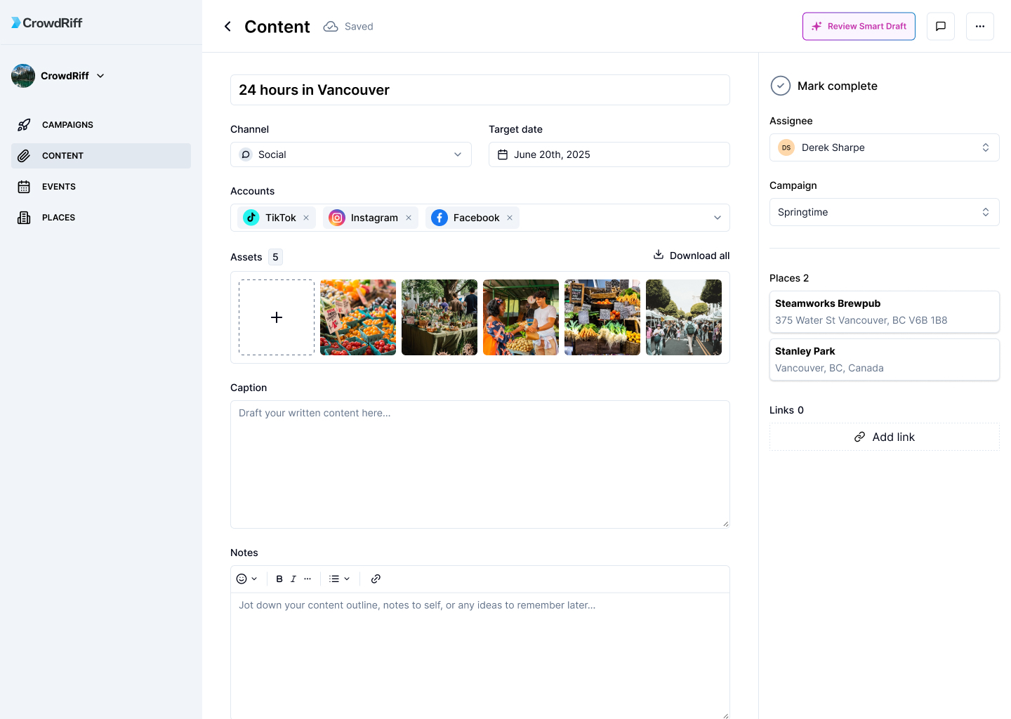 Content Planner interface with image options