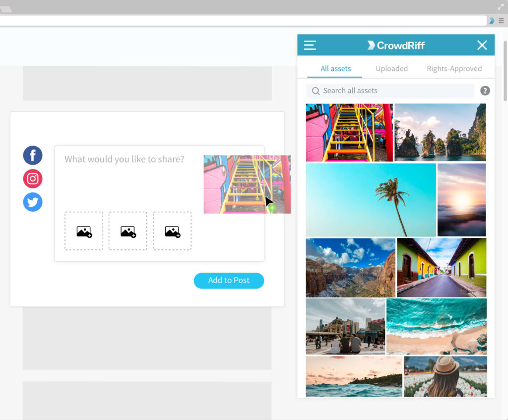 CrowdRiff Sidekick image - a screenshots mockup showing colourful photos in a Chrome extension with one image being dragged into a social tool