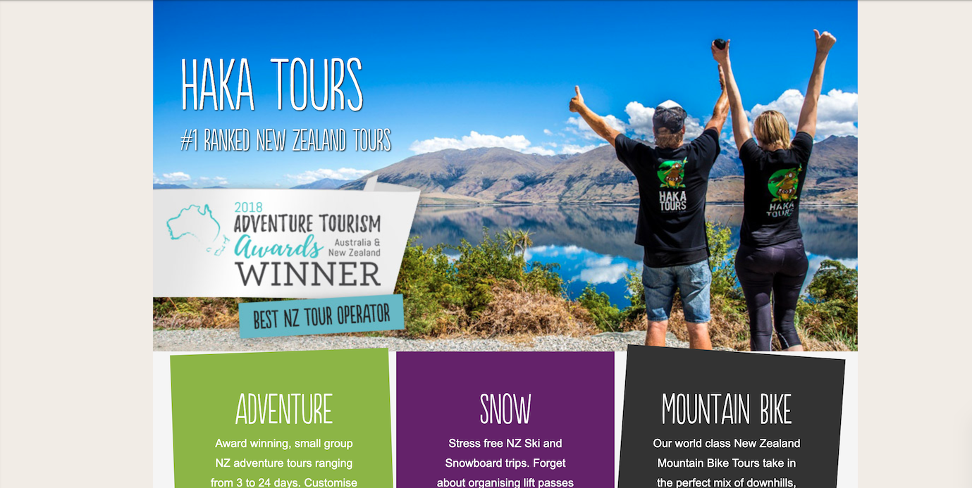 A screenshot of Haka Tour's website homepage before the redesign