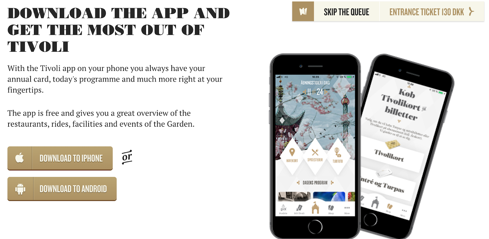 Tivoli Gardens’ app download call-to-action on its homepage.
