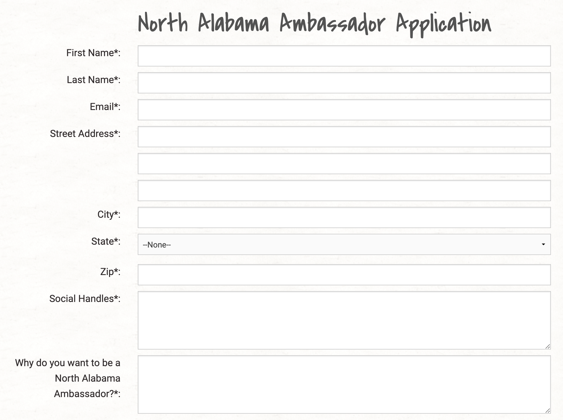 North Alabama Tourism Ambassador Program Application example.
