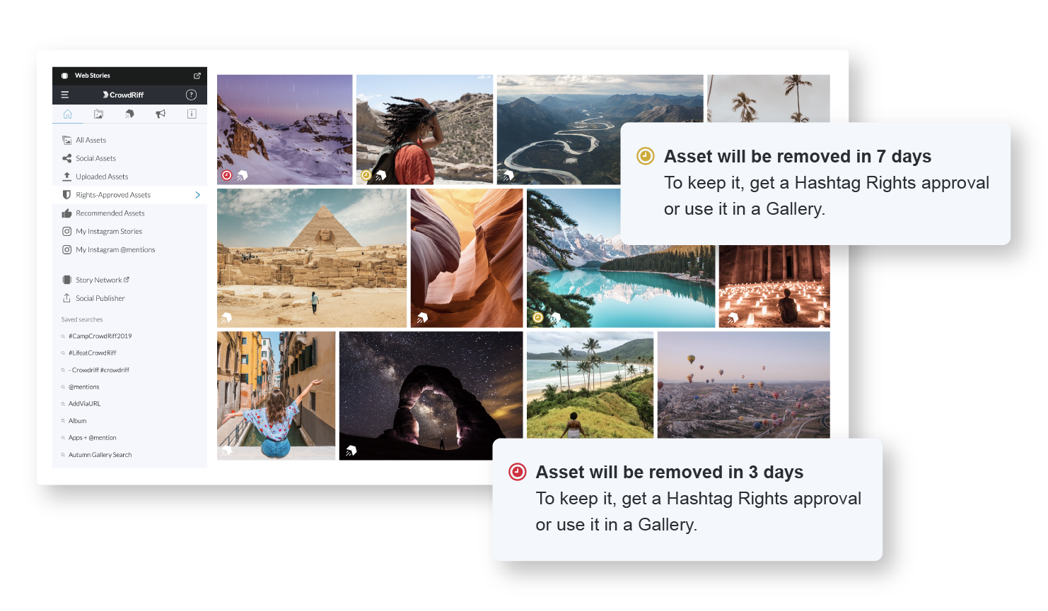 A screenshot of the CrowdRiff platform highlighting that images sourced from Sidekick will be removed after seven days unless they get Hashtag Rights or are used in a Gallery