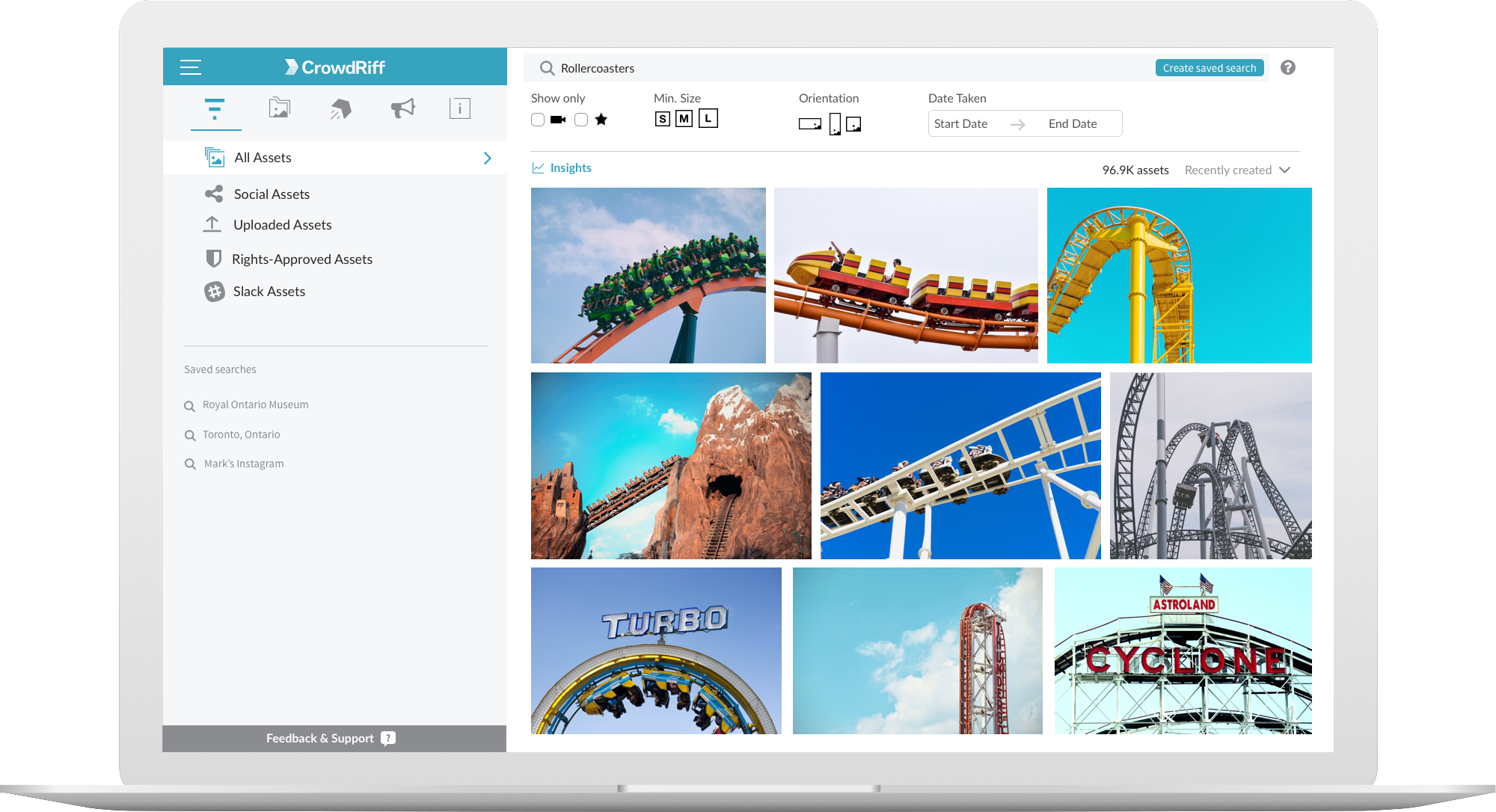 CrowdRiff platform showing image results of Rollercoaster search