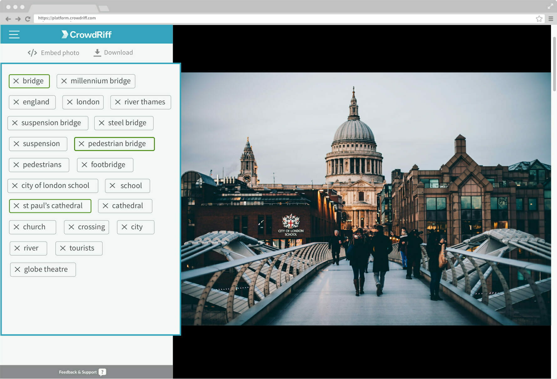 Millennium Bridge in London, England in the CrowdRiff platform. Auto key-wording creates multiple relevant keywords on the left hand side.