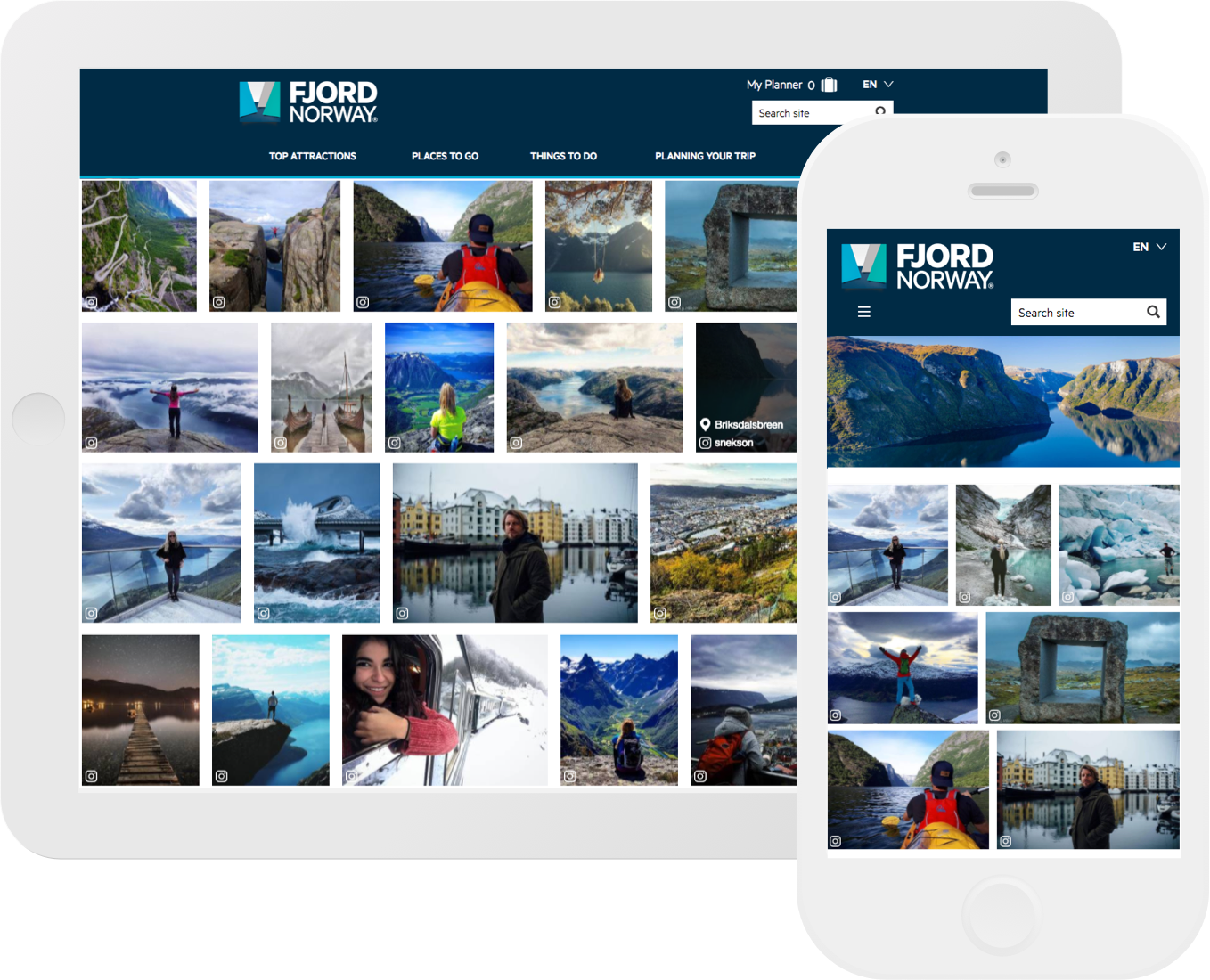 Ipad and Iphone displays showing CrowdRiff responsive galleries on the Fjord, Norway website