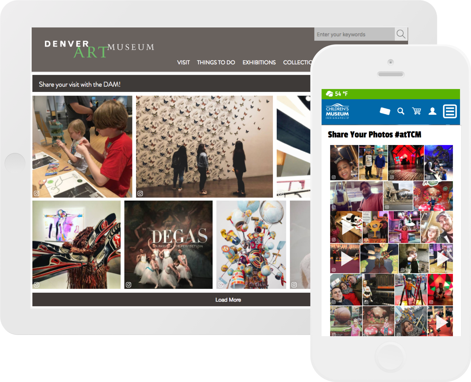 CrowdRiff galleries on Denver Art Museum website and Children's Museum website, shown on Ipad and Iphone
