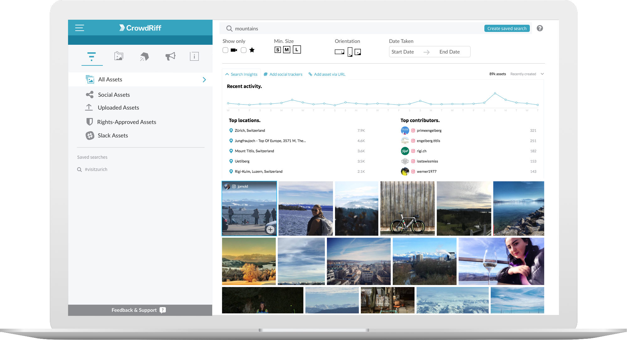 Laptop screen showing Search Insights area of CrowdRiff platform, with Top Locations and Top Contributors